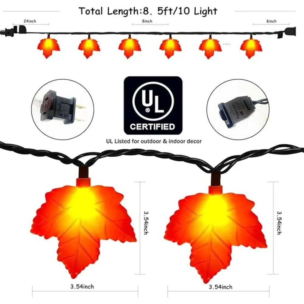 8.5Ft Outdoor Decorations Lights with 10 LED Orange Maple Leaves Light